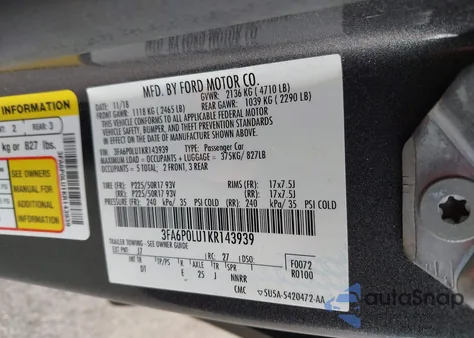 2019 Ford Fusion Hybrid Se z USA, uszkodzony, nr VIN 3FA6P0LU1KR143939